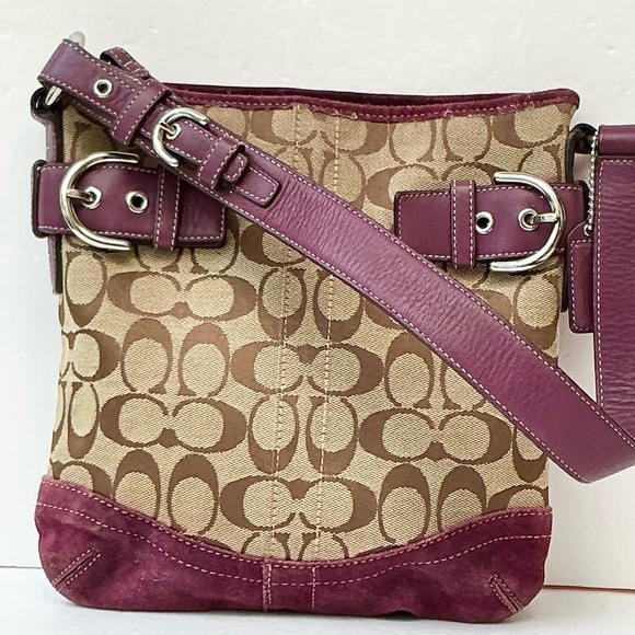 Coach Handbags - Coach Tan Signature Canvas Crossbody with Plum Leather Trim